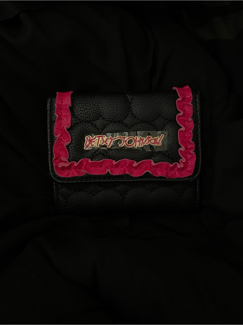 Betsey Johnson Black Wallet with Hot Pink Ruffle Trim